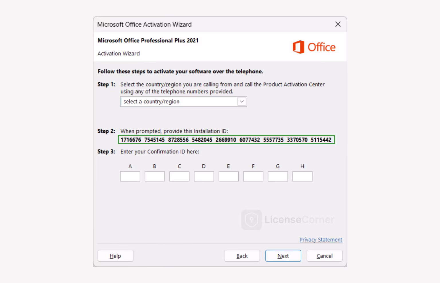 Example of where the Installation ID appears in the activation wizard.